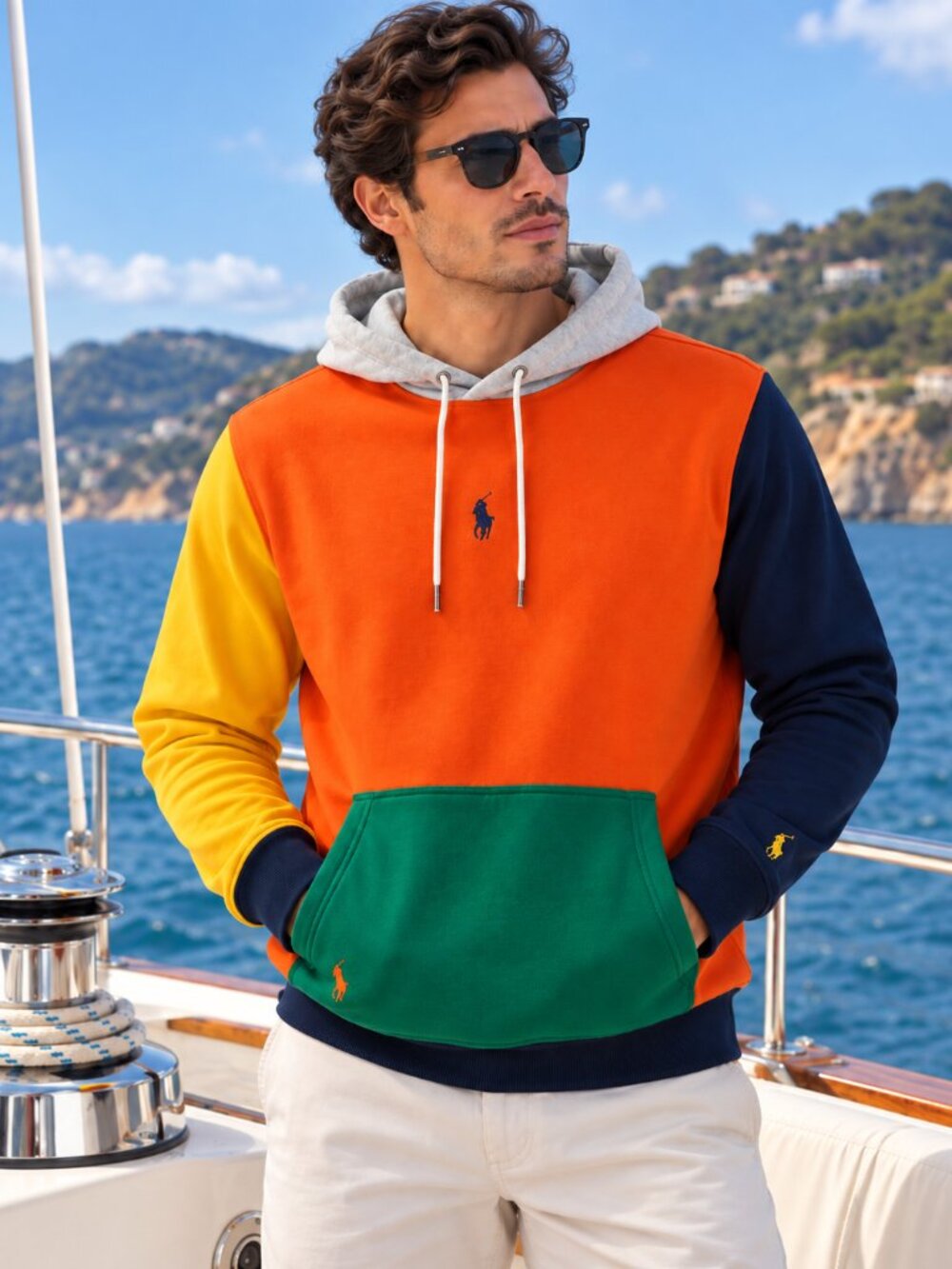 Polo Ralph Lauren Men's Colorblock Pullover Hoodie Orange Navy Green Size M